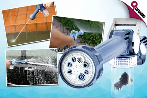 From QR39 Blast Away the Mess with an 8-Nozzle Multi Function Water Spray Gun with Built-in Soap Dispenser! (QR158 Value)